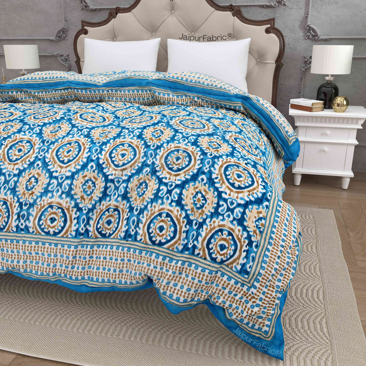 Peacock Elegance Reversible Vibrant Blue & Beige Motifs Double Bed Quilt Rajai