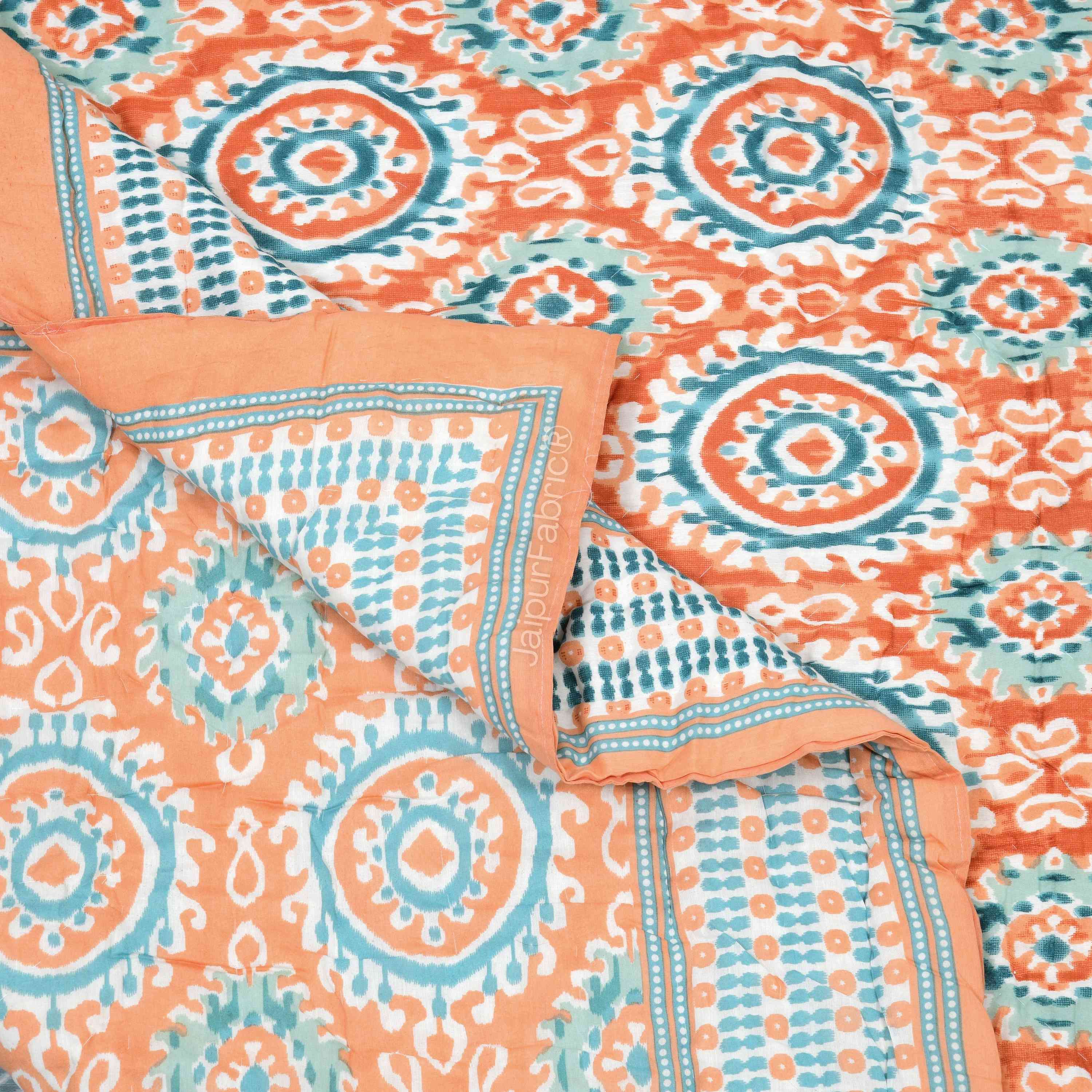 Peacock Elegance Reversible Vibrant Peach & Teal Motifs Double Bed Quilt Rajai