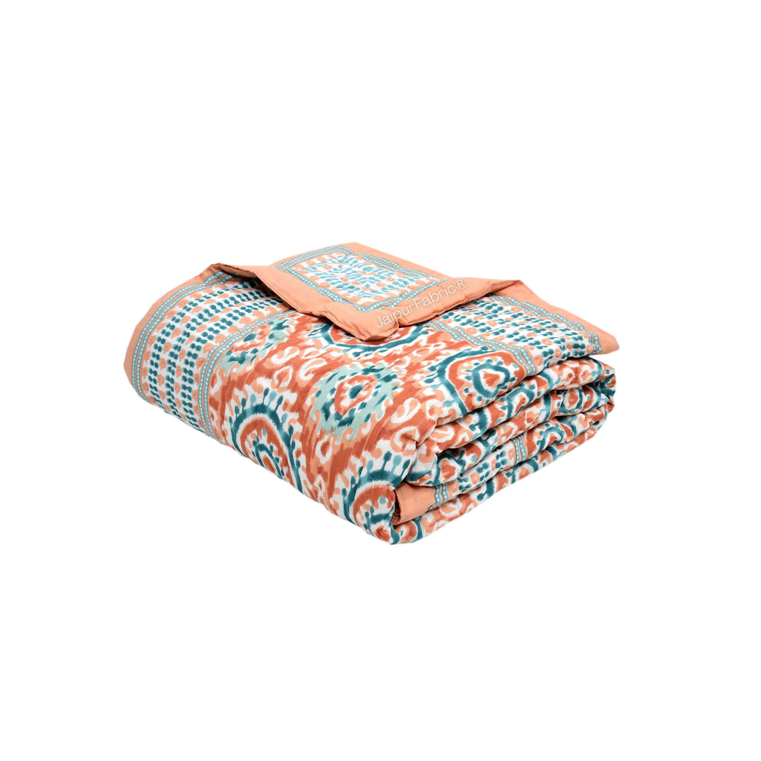 Peacock Elegance Reversible Vibrant Peach & Teal Motifs Double Bed Quilt Rajai