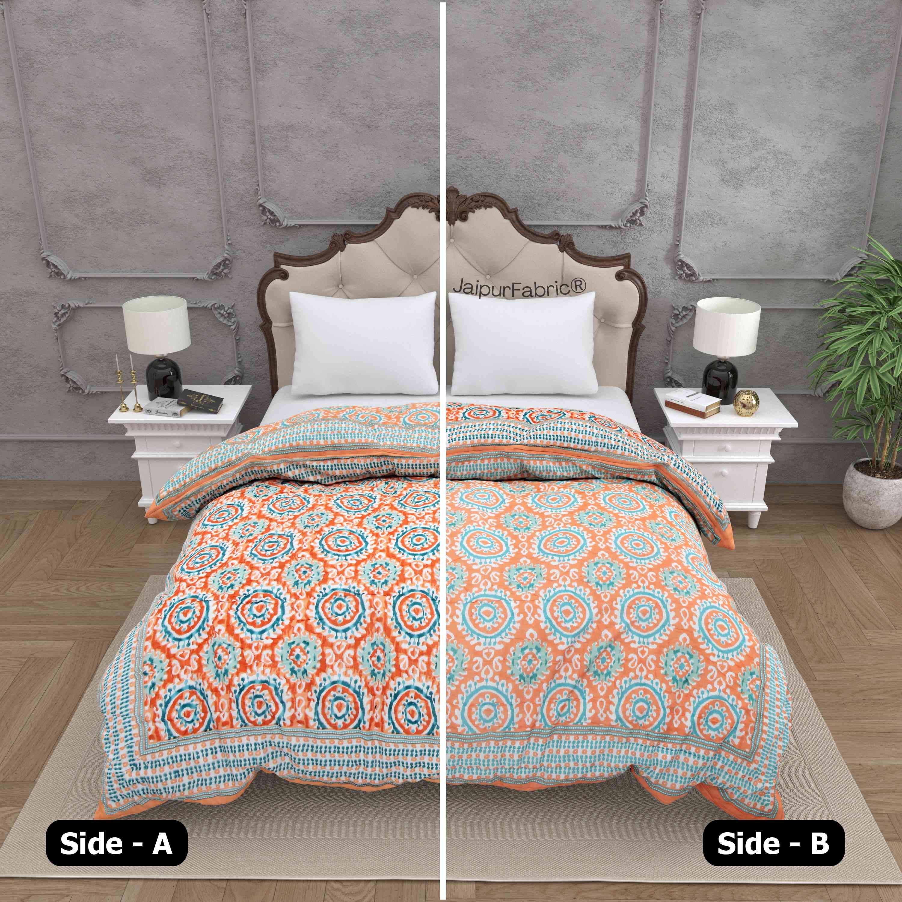 Peacock Elegance Reversible Vibrant Peach & Teal Motifs Double Bed Quilt Rajai