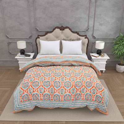 Peacock Elegance Reversible Vibrant Peach & Teal Motifs Double Bed Quilt Rajai
