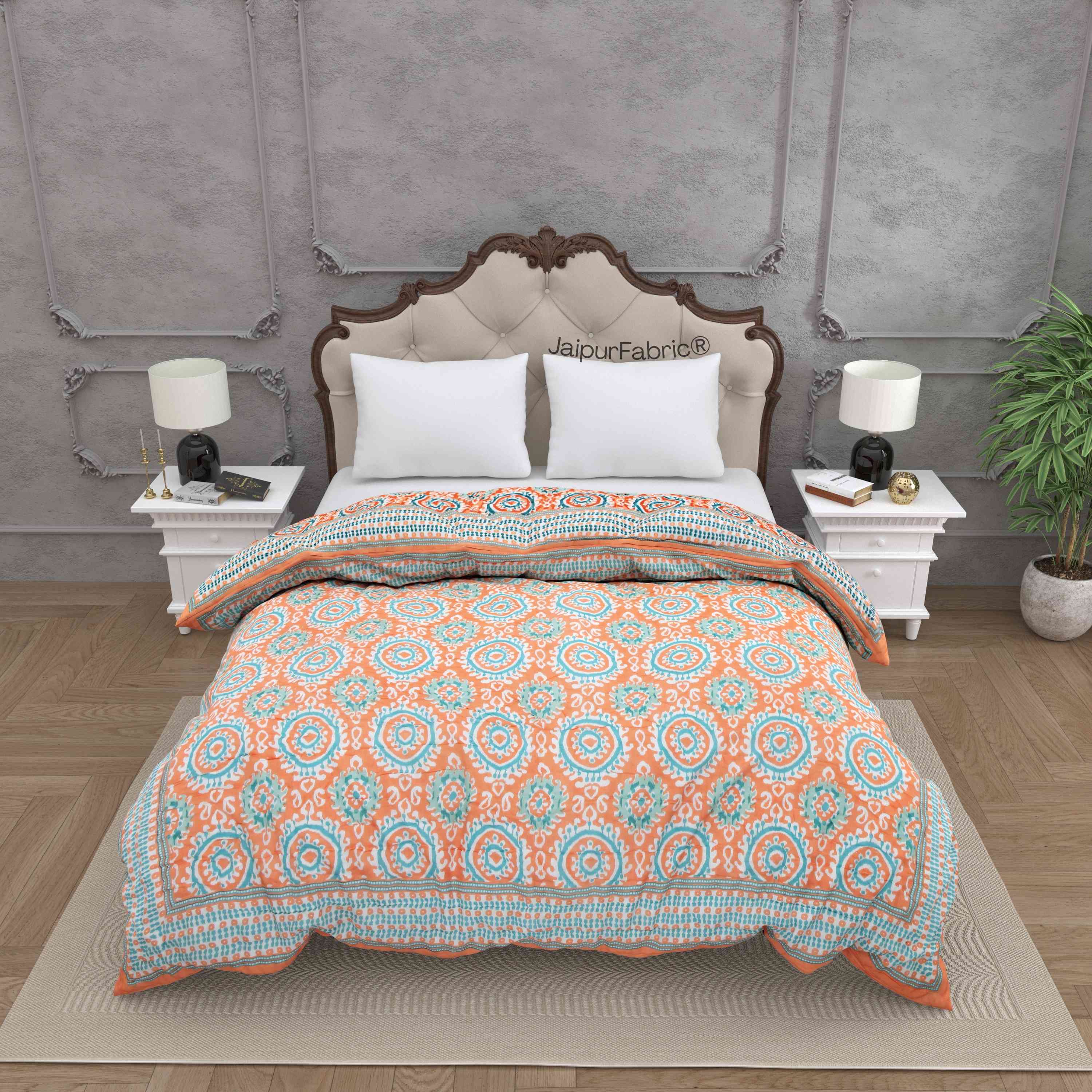 Peacock Elegance Reversible Vibrant Peach & Teal Motifs Double Bed Quilt Rajai