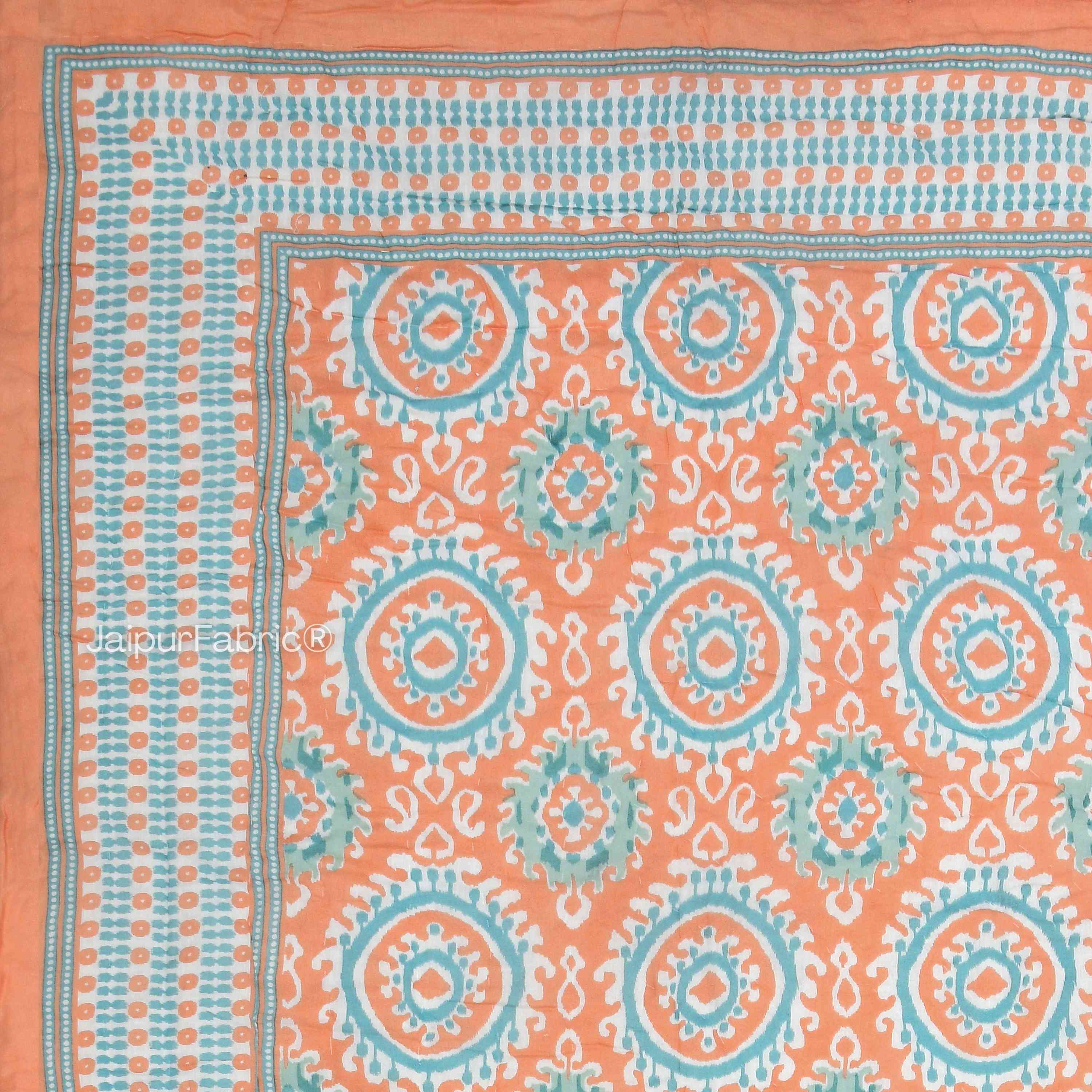 Peacock Elegance Reversible Vibrant Peach & Teal Motifs Double Bed Quilt Rajai