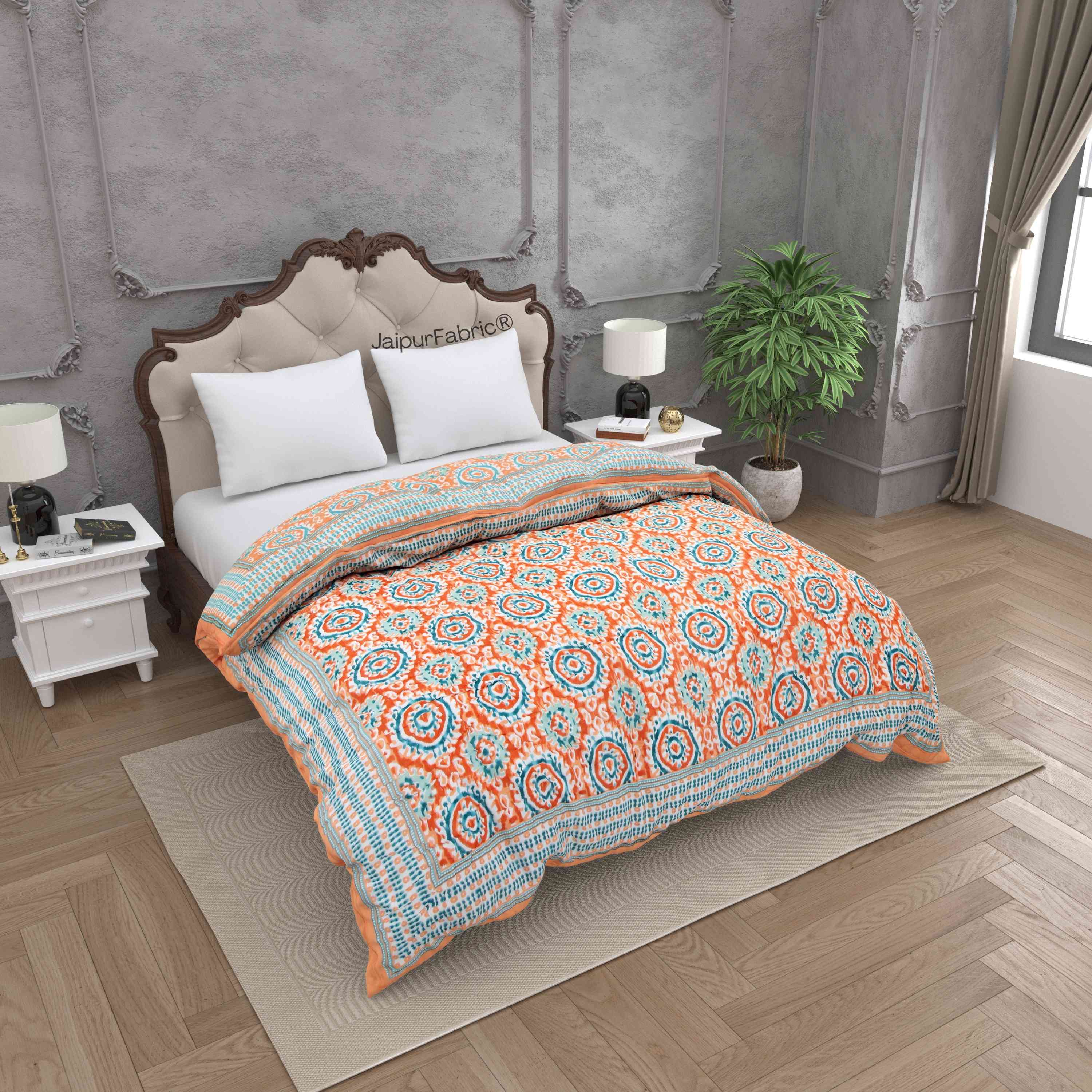 Peacock Elegance Reversible Vibrant Peach & Teal Motifs Double Bed Quilt Rajai