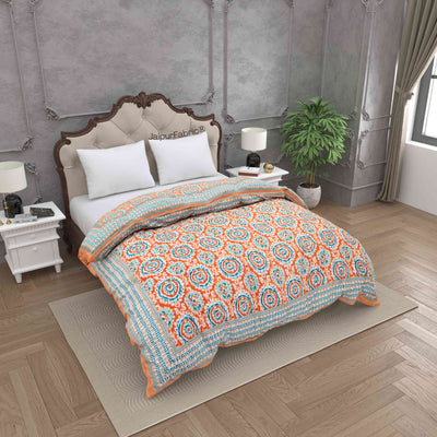 Peacock Elegance Reversible Vibrant Peach & Teal Motifs Double Bed Quilt Rajai