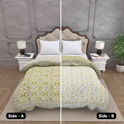Saffron Splendor Reversible Double Bed Quilt Rajai with Ornate Geometric Charms Design