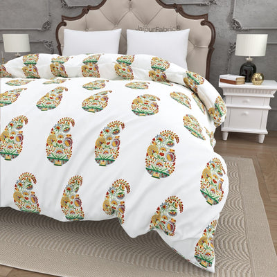 Hand Block Printed Double Bed Quilt Floral Valley Bunai Pattern Indian Kairi Design Double Bed Quilt