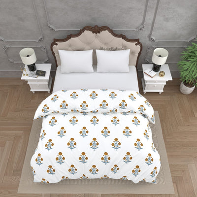 Classic Floral Boota Hand Block Printed Double Bed Comforter with Marigold Flower and Grey Leaves