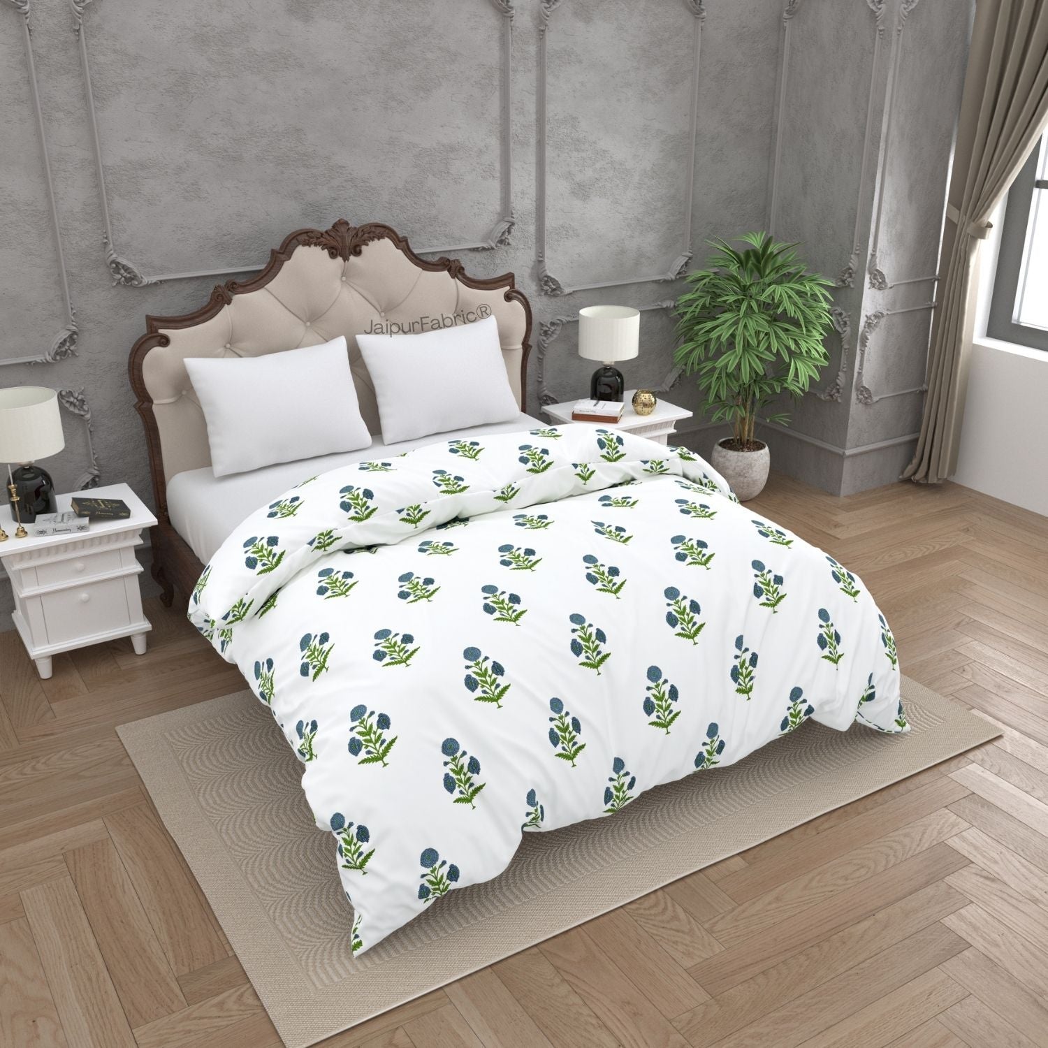 Jaipuri Aachho Hand Block Printed Double Bed Comforter with Blue Floral Blocks