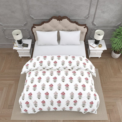 Jaipur Garden Hand Block Printed Red and Pink Floral Double Bed Comforter