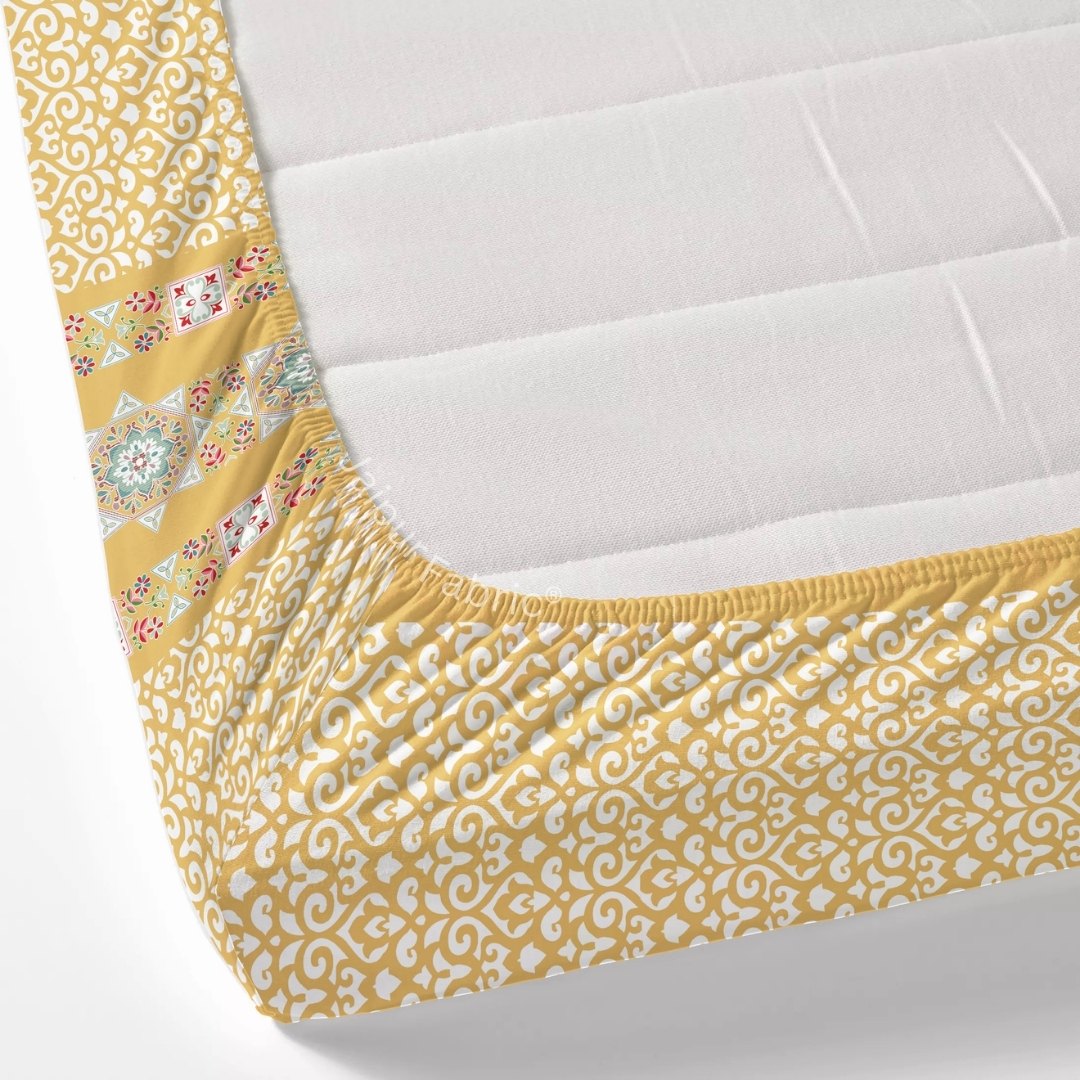 Yellow Ethnic Pure Cotton Fitted BedSheet