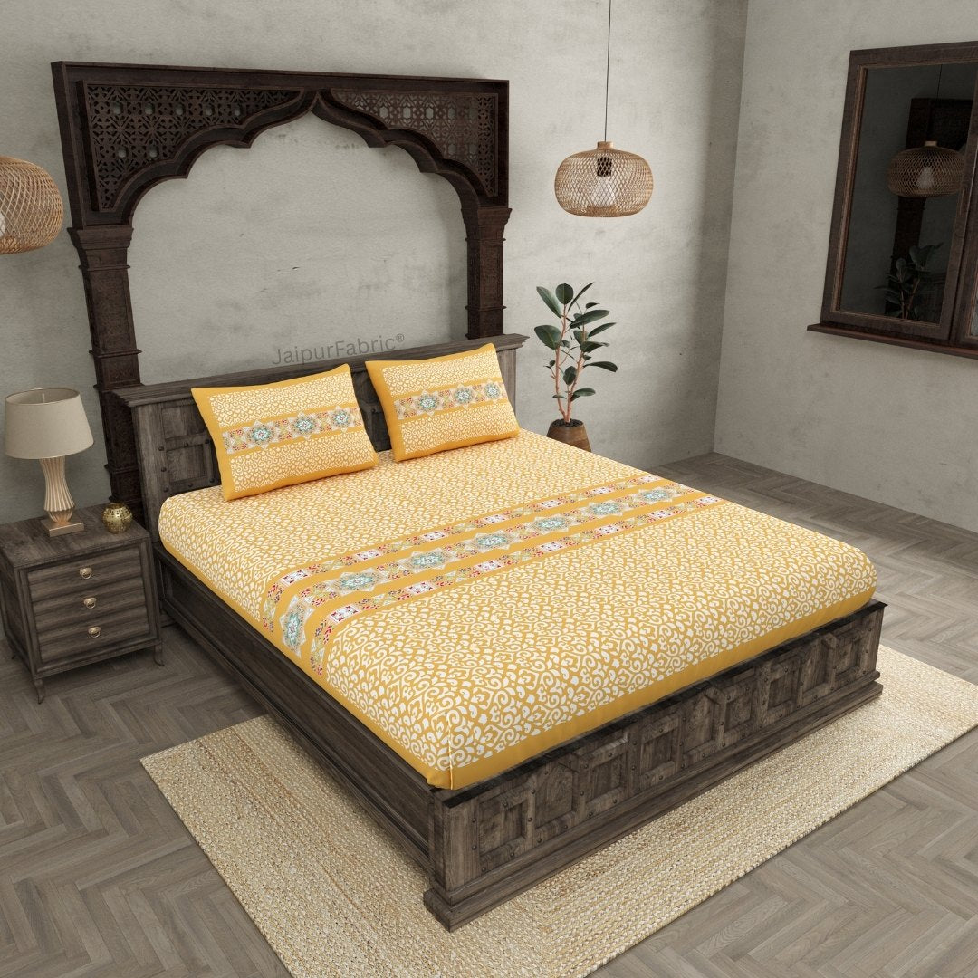 Yellow Ethnic Pure Cotton Fitted BedSheet
