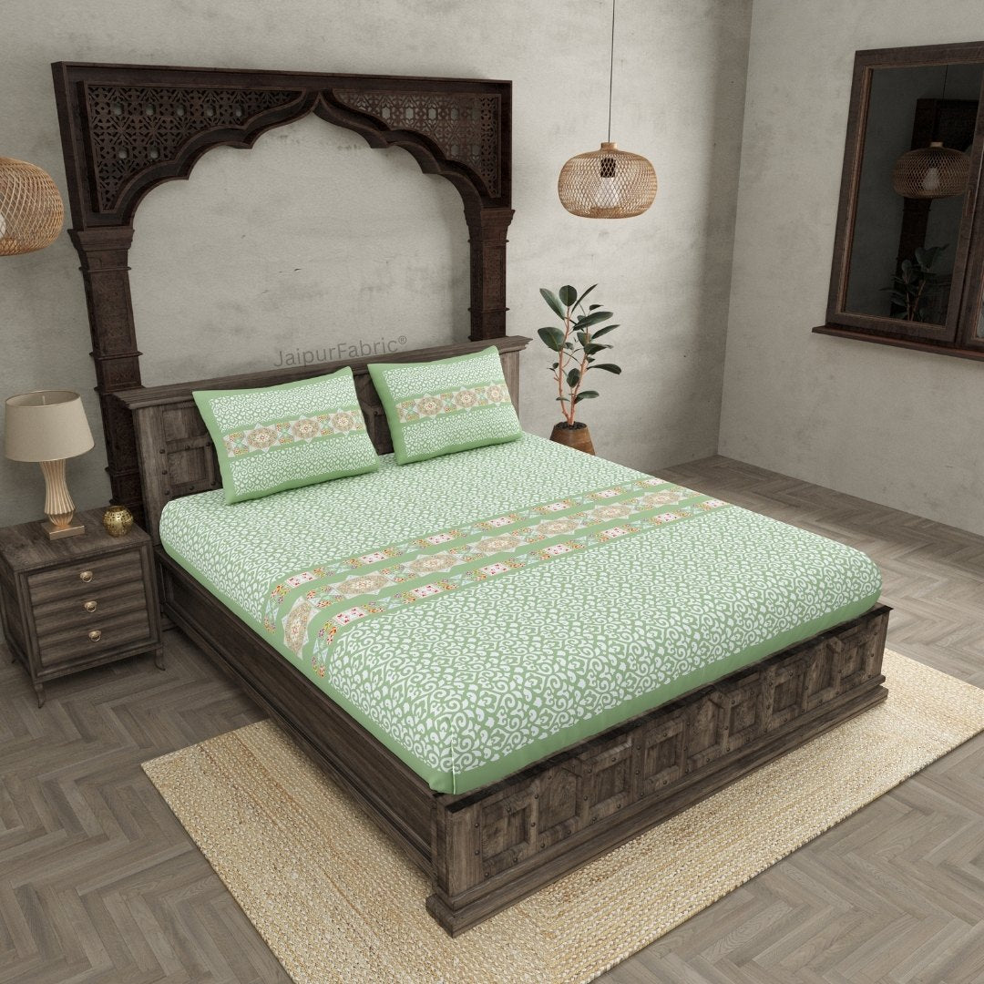 Green Ethnic Pure Cotton Fitted BedSheet