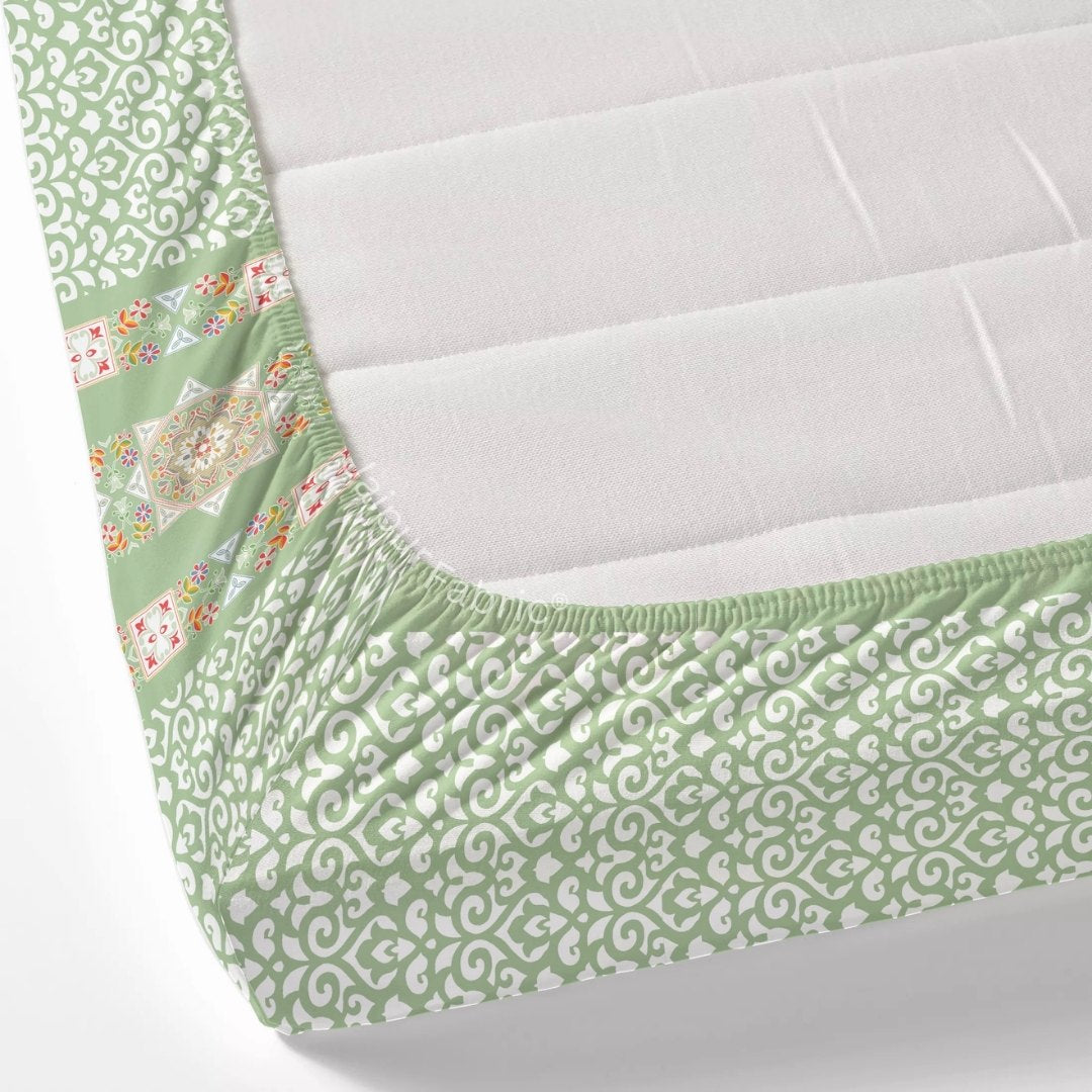 Green Ethnic Pure Cotton Fitted BedSheet