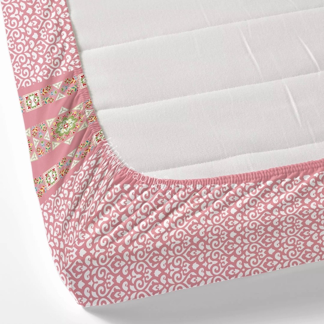 Pink Ethnic Pure Cotton Fitted BedSheet