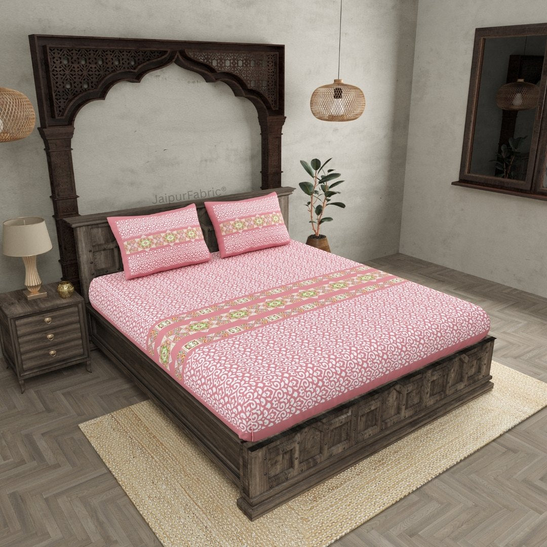 Pink Ethnic Pure Cotton Fitted BedSheet