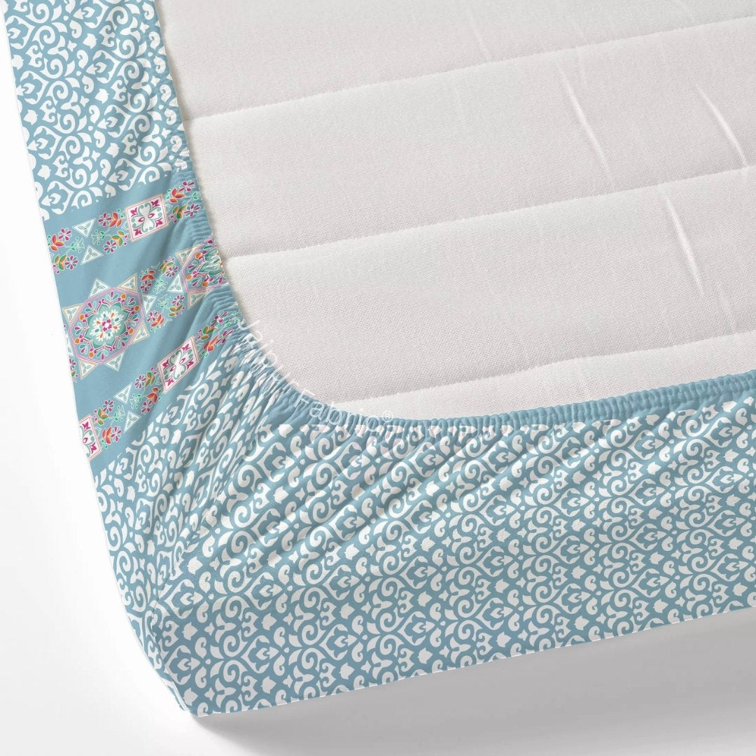 Blue Ethnic Oasis Pure Cotton Fitted BedSheet