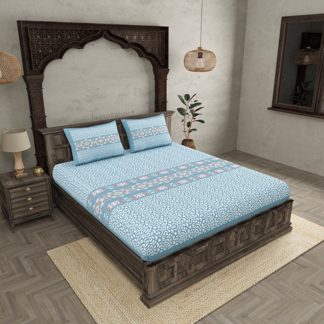 Blue Ethnic Oasis Pure Cotton Fitted BedSheet