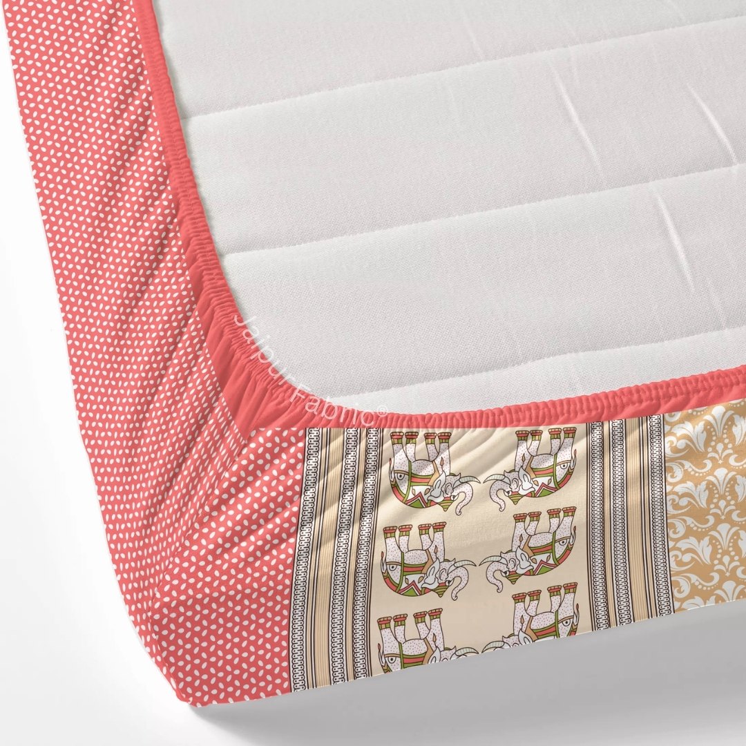 Yellowish Red Traditional Floral Pure Cotton Fitted BedSheet