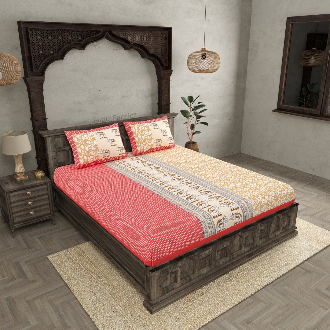 Yellowish Red Traditional Floral Pure Cotton Fitted BedSheet