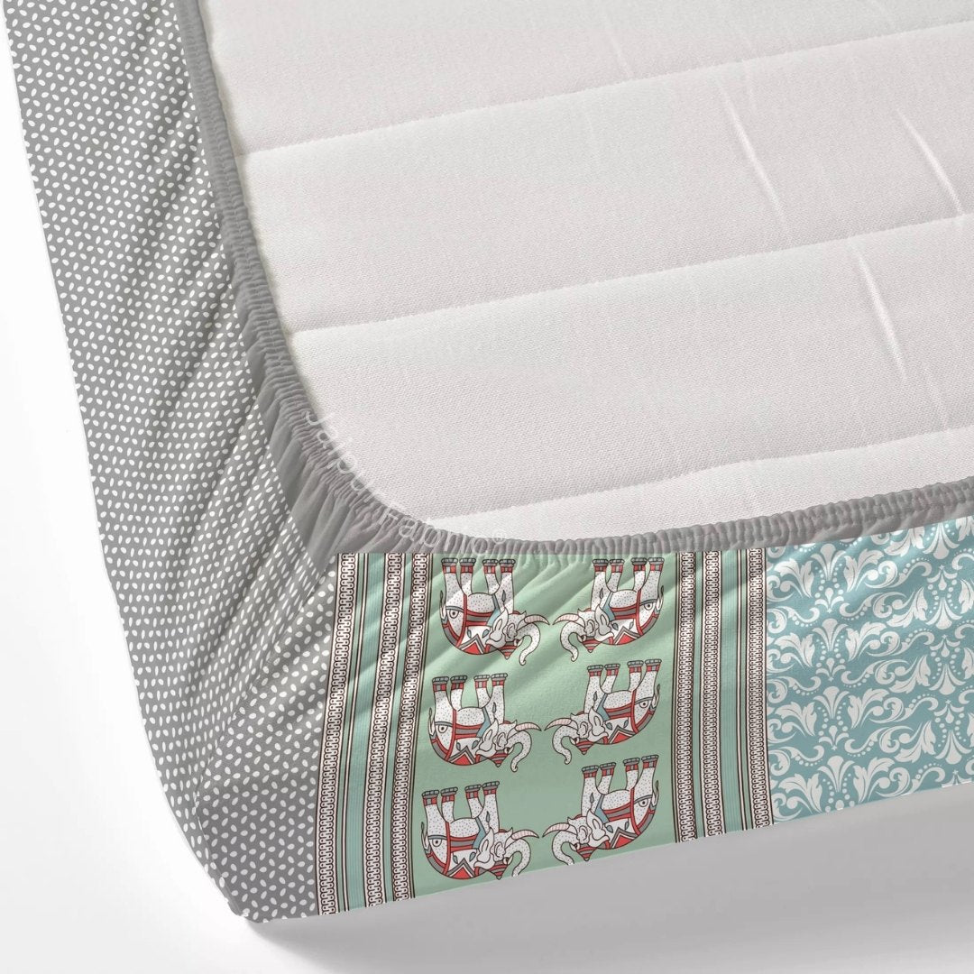 Blueish green Traditional Floral Pure Cotton Fitted BedSheet