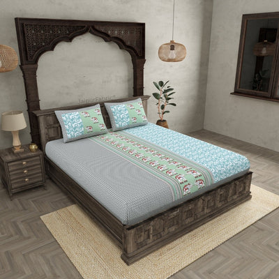 Blueish green Traditional Floral Pure Cotton Fitted BedSheet