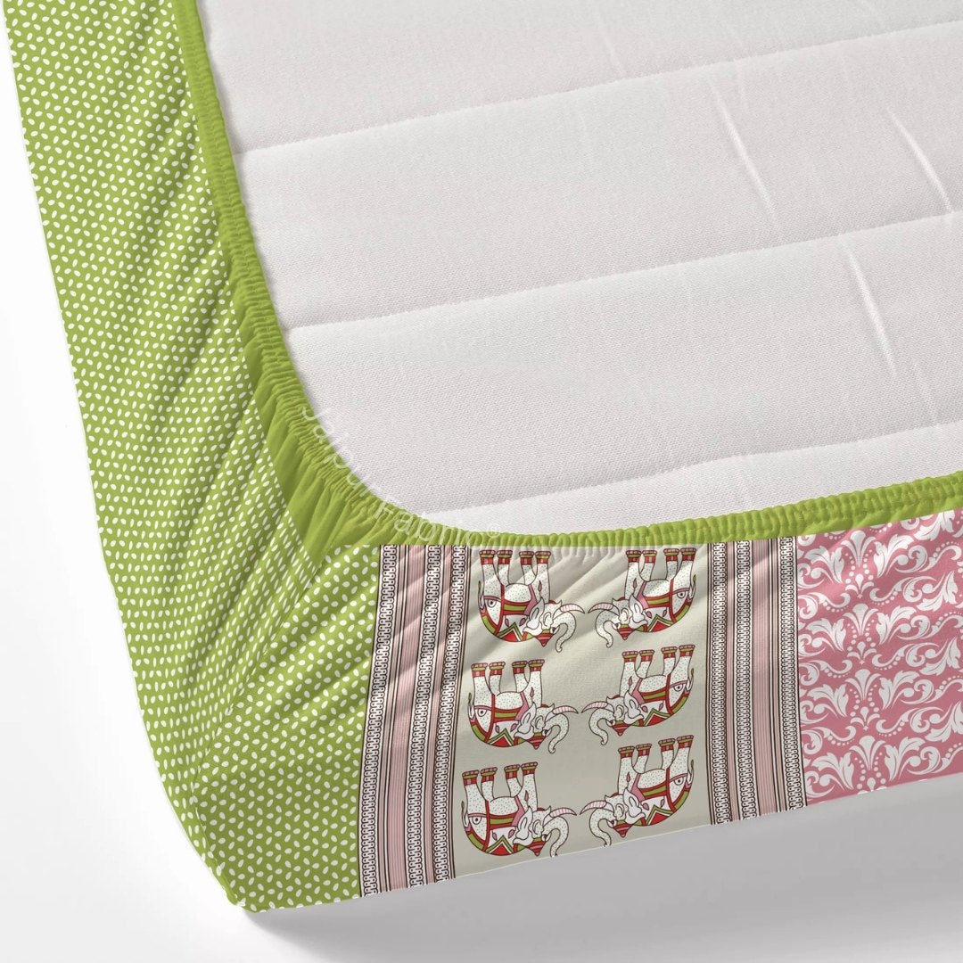 Pinkish Green Traditional Floral Pure Cotton Fitted BedSheet