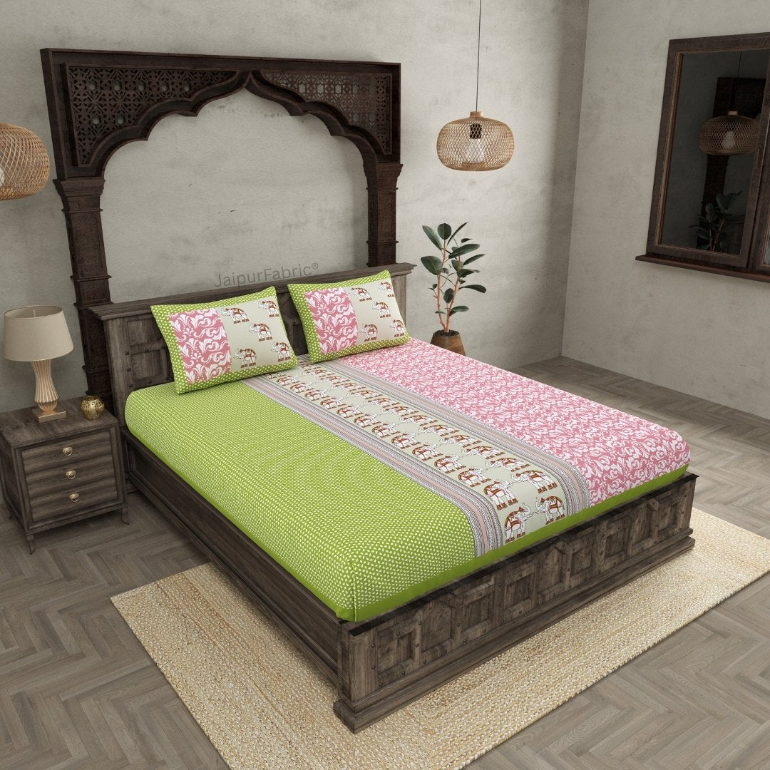Pinkish Green Traditional Floral Pure Cotton Fitted BedSheet