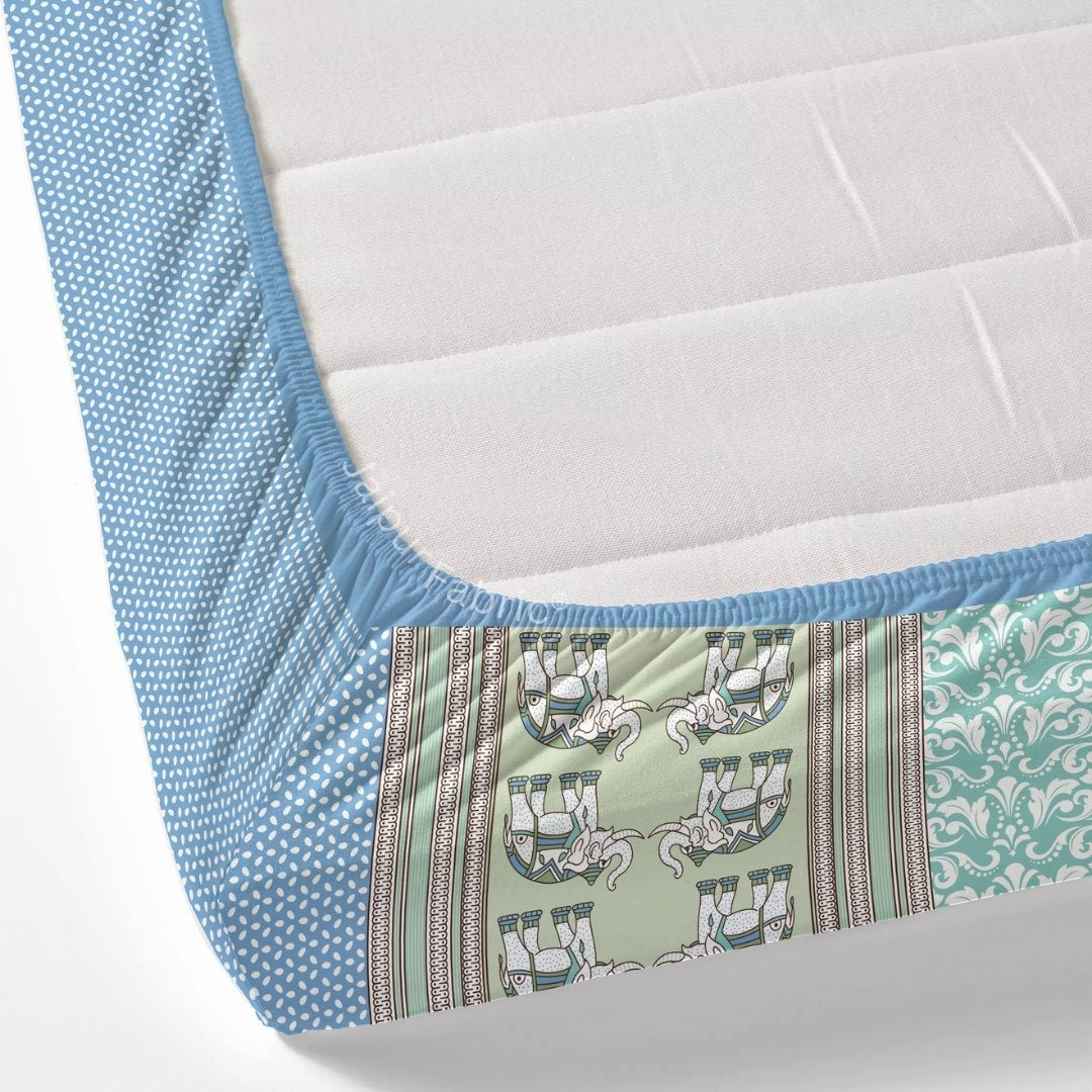 Sea Greenish Blue Traditional Floral Pure Cotton Fitted BedSheet