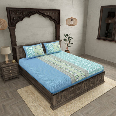 Sea Greenish Blue Traditional Floral Pure Cotton Fitted BedSheet