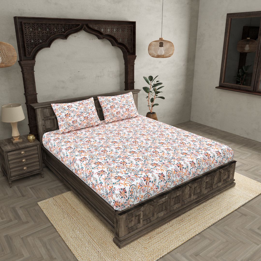 Coral & Teal Paisley Floral Cotton Fitted Bedsheet