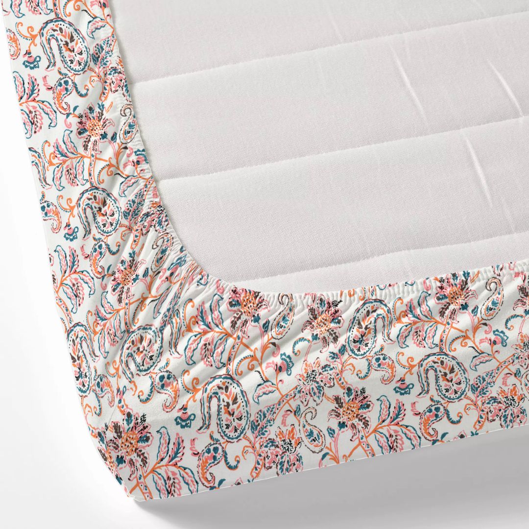 Coral & Teal Paisley Floral Cotton Fitted Bedsheet