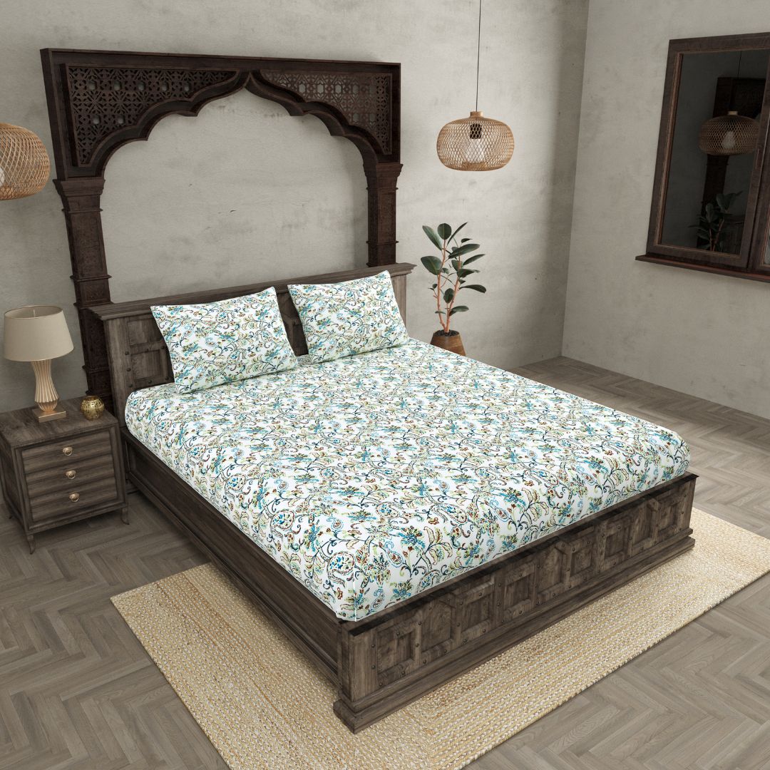 Aqua Blue & Olive Paisley Floral Cotton Fitted Bedsheet