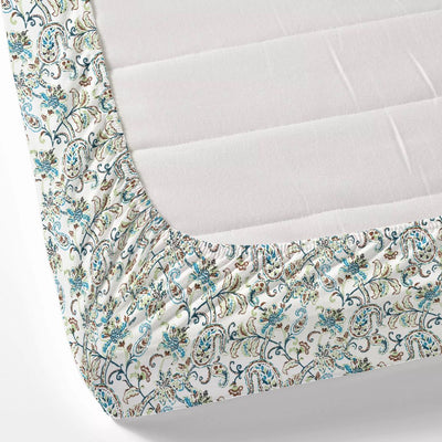 Aqua Blue & Olive Paisley Floral Cotton Fitted Bedsheet
