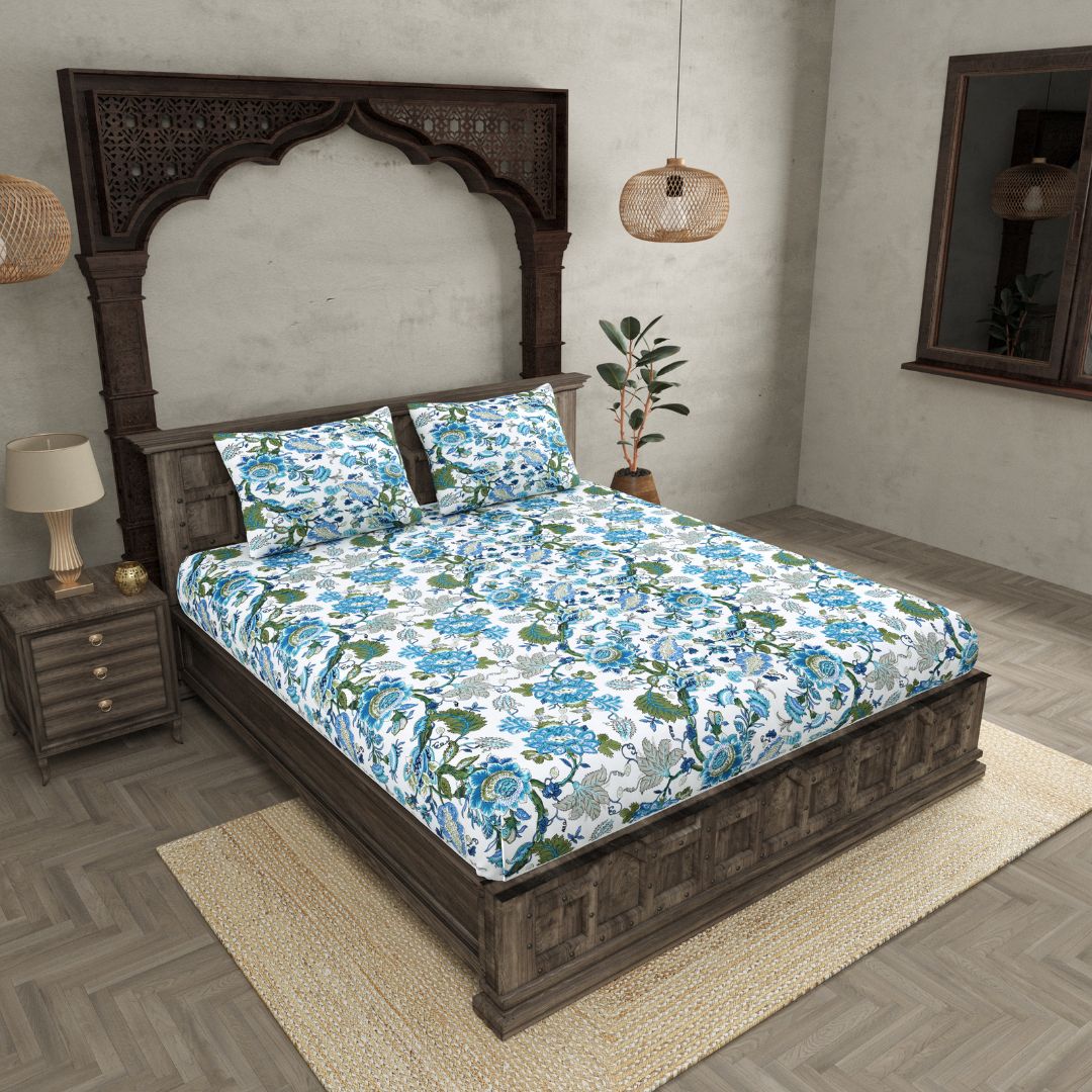 Blue & Olive Botanical Floral Cotton Fitted Bedsheet
