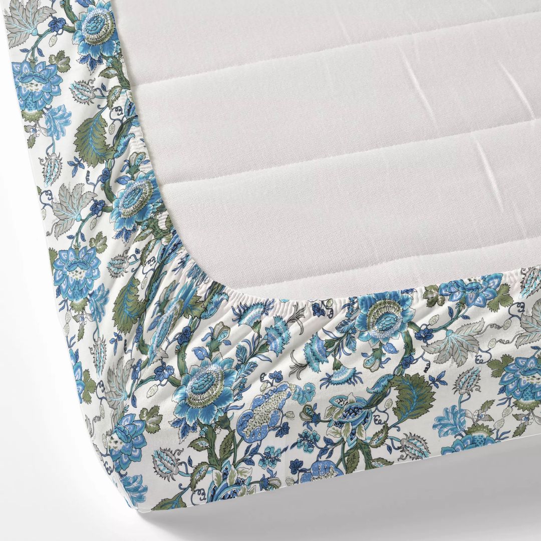 Blue & Olive Botanical Floral Cotton Fitted Bedsheet