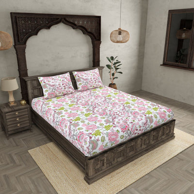 Pink & Green Botanical Floral Cotton Fitted Bedsheet