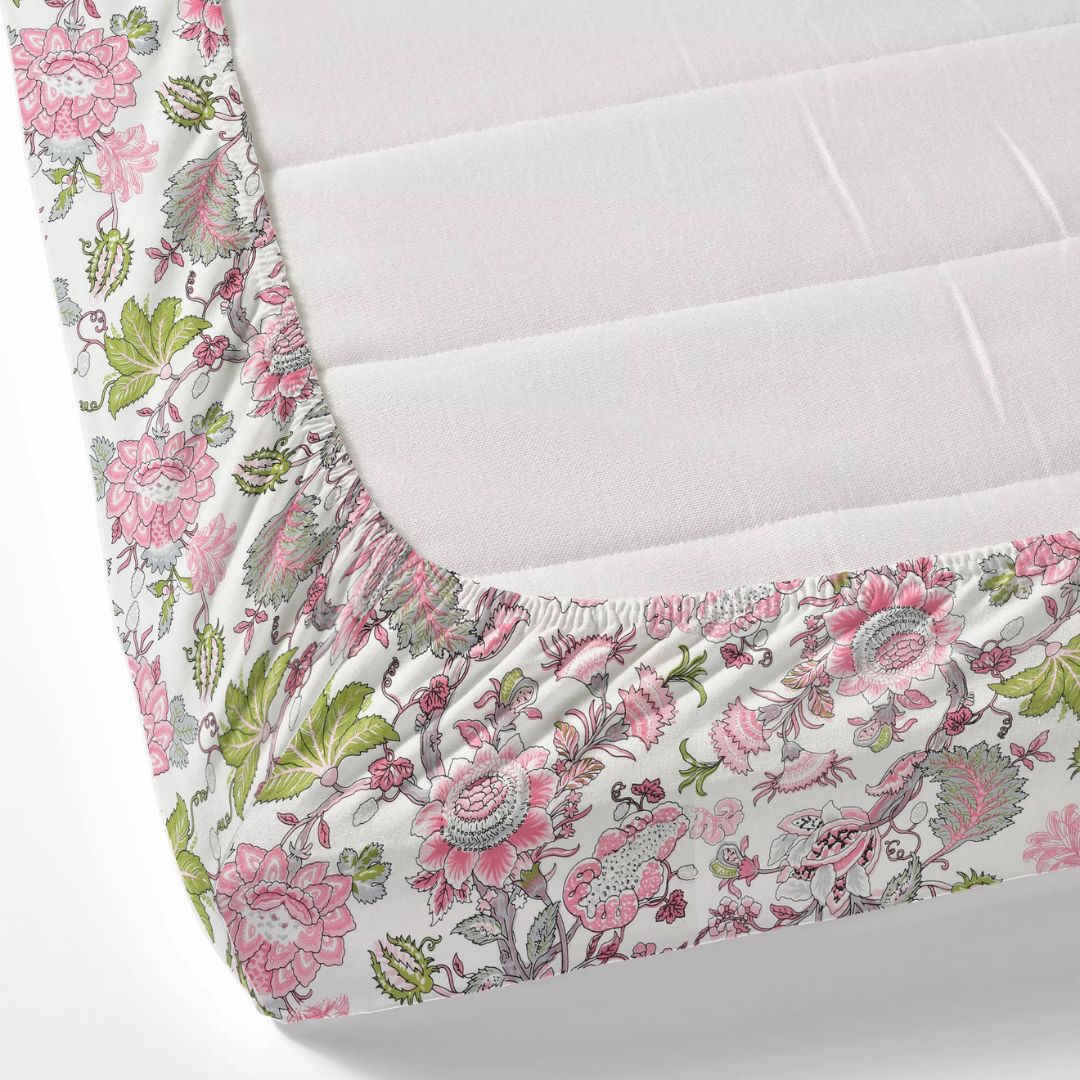 Pink & Green Botanical Floral Cotton Fitted Bedsheet