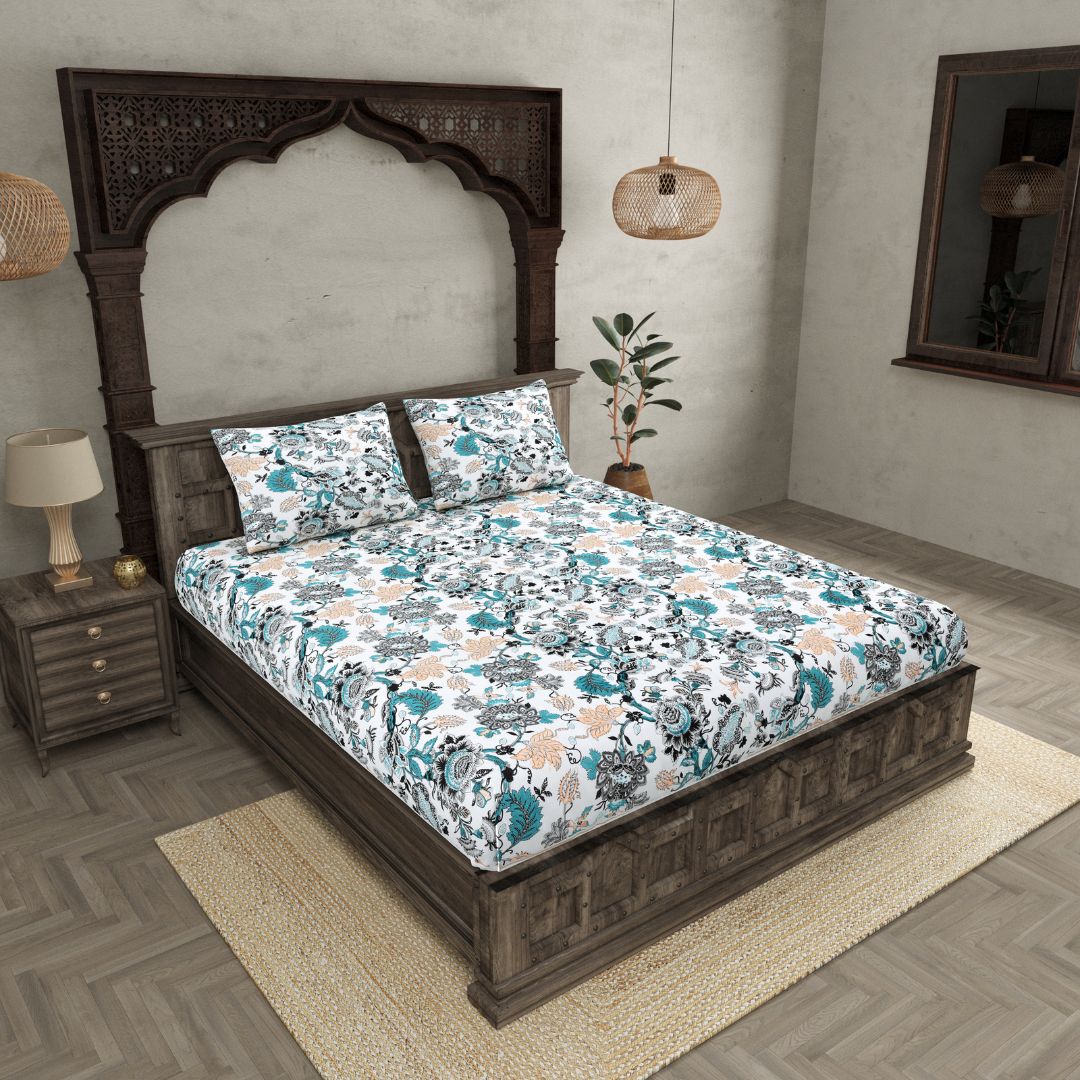 Teal & Peach Botanical Floral Cotton Fitted Bedsheet