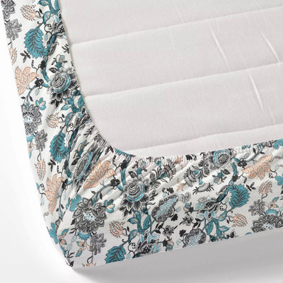 Teal & Peach Botanical Floral Cotton Fitted Bedsheet