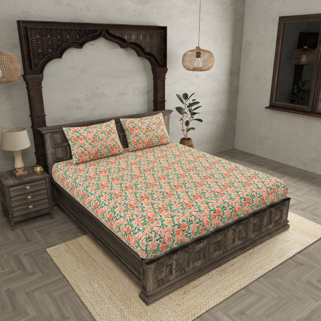Coral Orange Floral Vine Cotton Fitted Bedsheet
