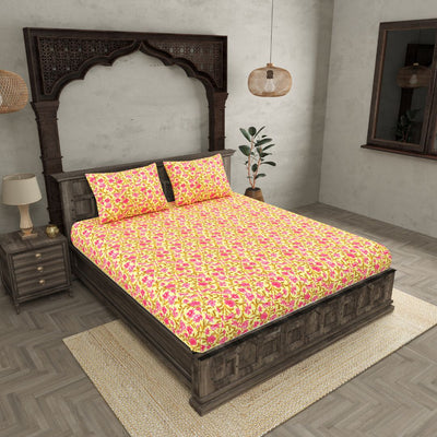 Yellow & Pink Floral Vine Cotton Fitted Bedsheet