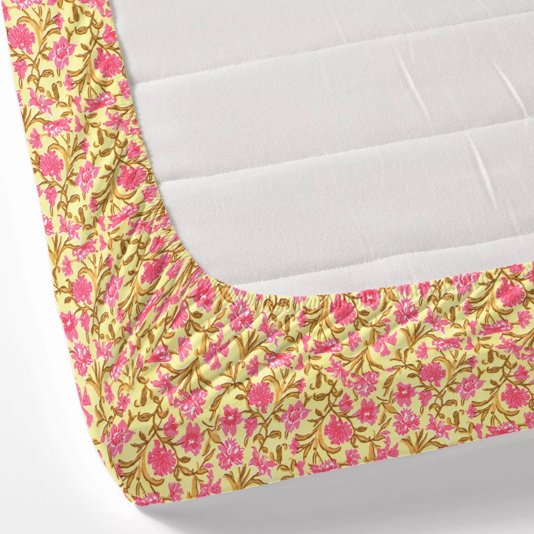 Yellow & Pink Floral Vine Cotton Fitted Bedsheet