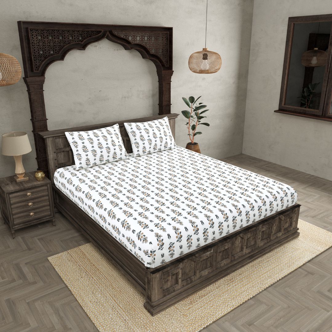 Beige & Charcoal Mini Floral Cotton Fitted Bedsheet