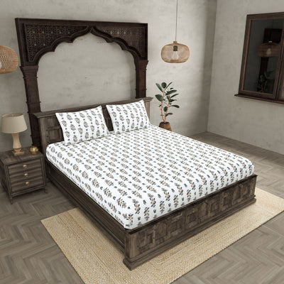 Beige & Charcoal Mini Floral Cotton Fitted Bedsheet