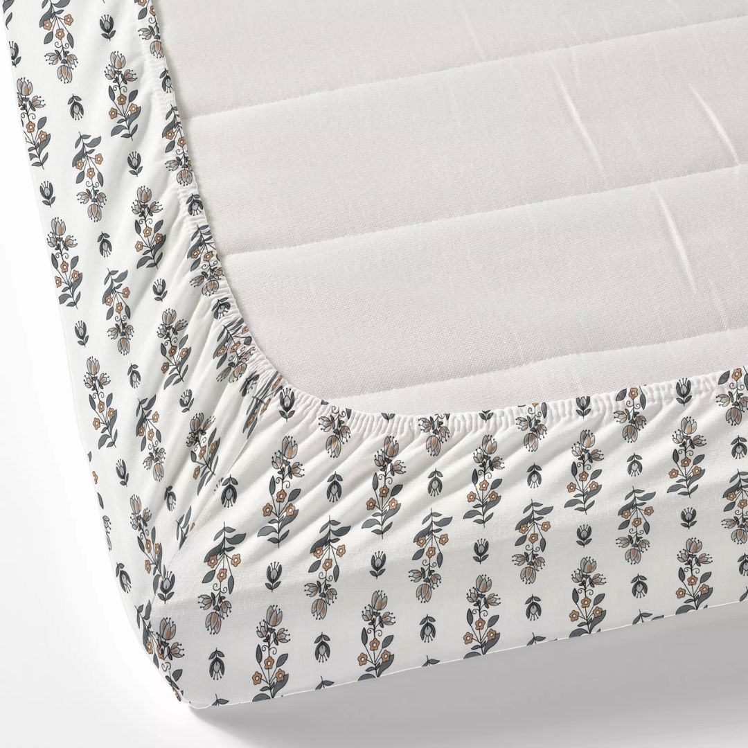 Beige & Charcoal Mini Floral Cotton Fitted Bedsheet