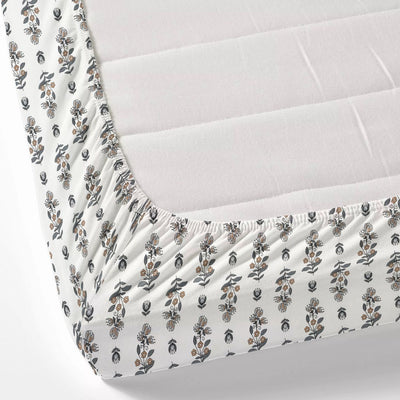 Beige & Charcoal Mini Floral Cotton Fitted Bedsheet