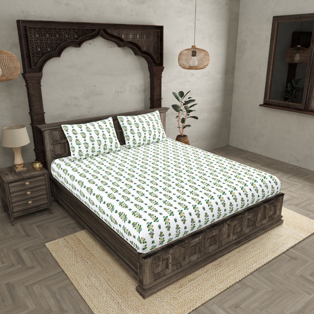 Green & Mustard Mini Floral Cotton Fitted Bedsheet
