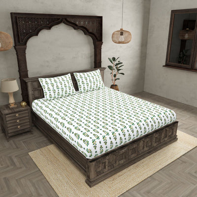 Green & Mustard Mini Floral Cotton Fitted Bedsheet