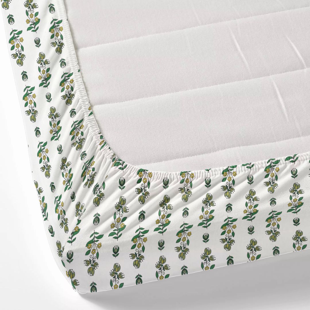 Green & Mustard Mini Floral Cotton Fitted Bedsheet